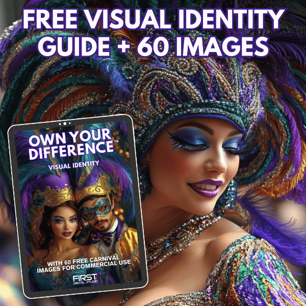 Person in colorful carnival costume holding a tablet with 'Own Your Difference' visual identity guide.